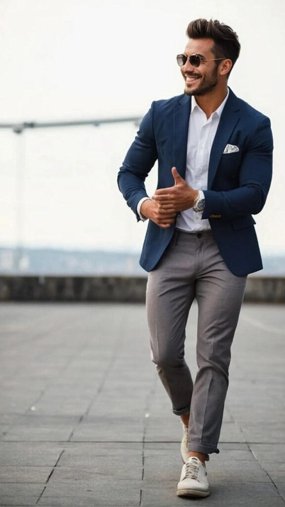 Navy blazer grey wool trousers men