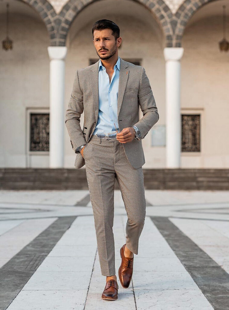 charcoal suit light blue shirt