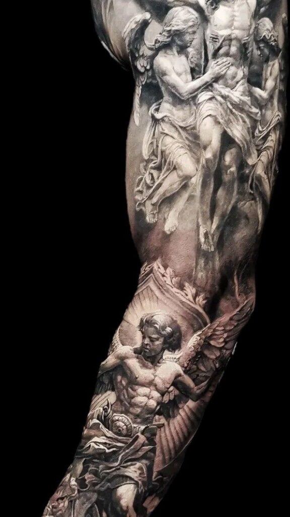 Angels and demons tattoo sleeve