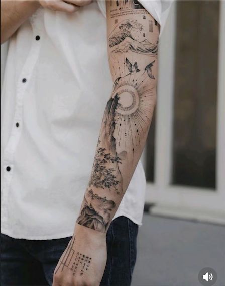 fine line sleeve tattoo men