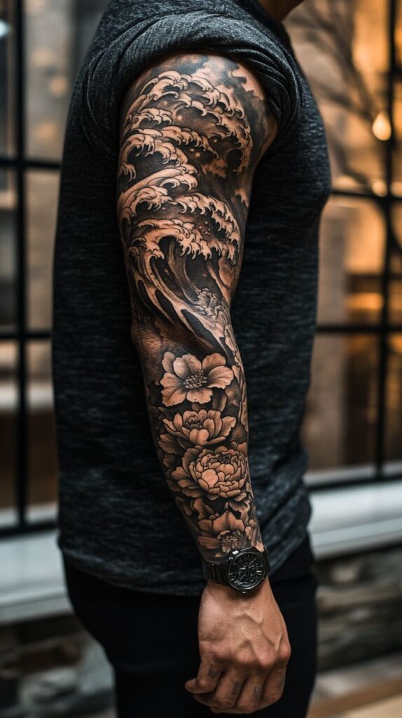 full sleeve tattoos black and grey male