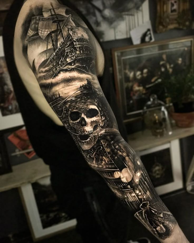 mens skull sleeve tattoo designs