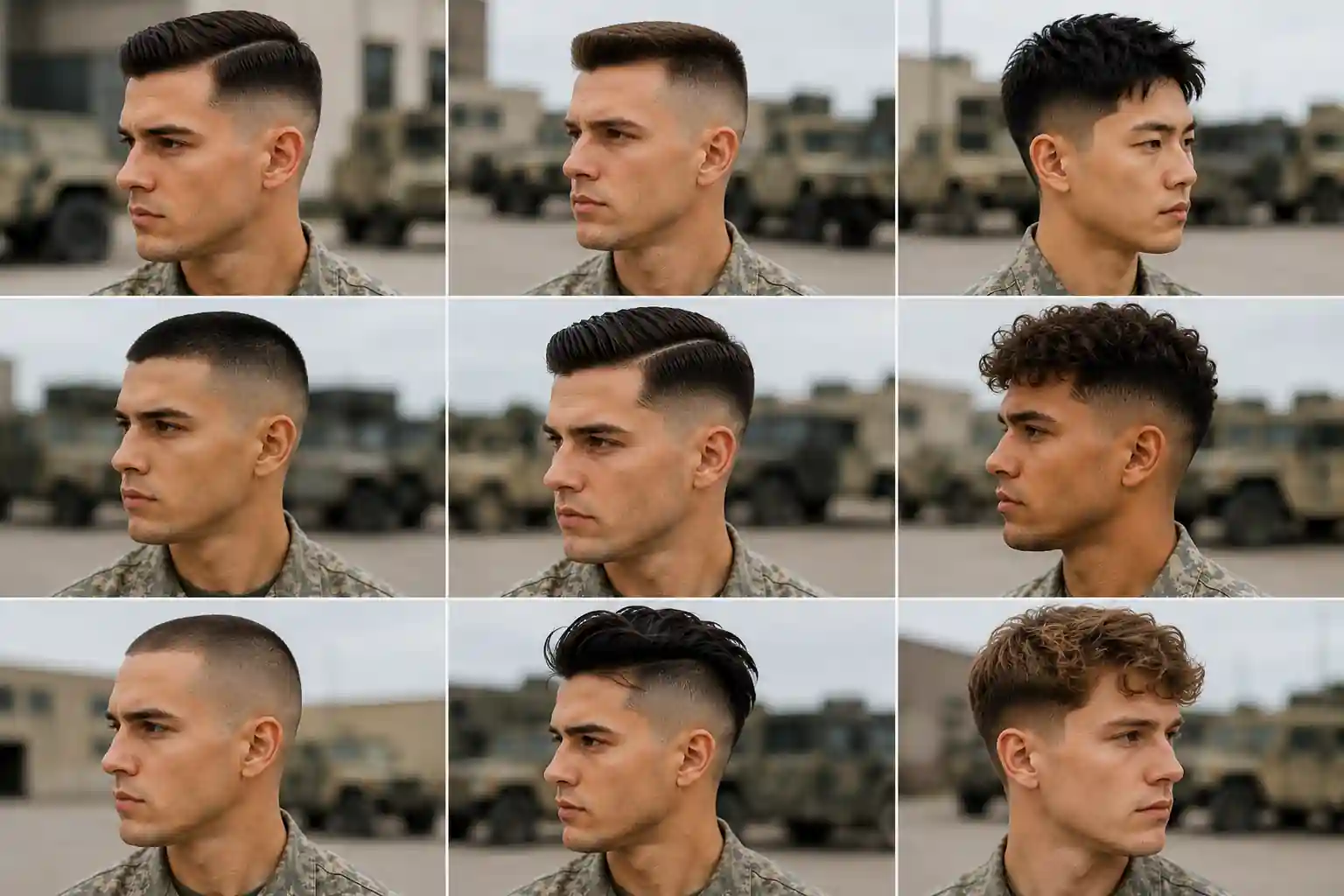 Best Military Haircuts for Different Hair Types Military haircuts for straight, thick, wavy and curly hair types shown on men in uniform