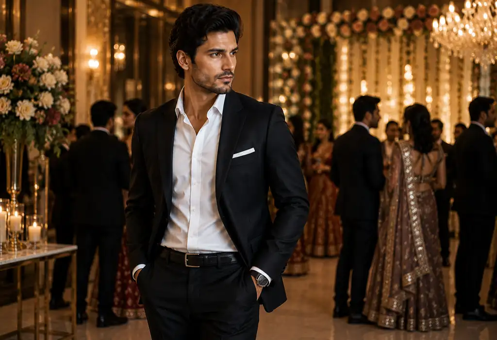 cocktail attire for men in india Man in a dark tailored suit at an elegant Indian wedding reception
