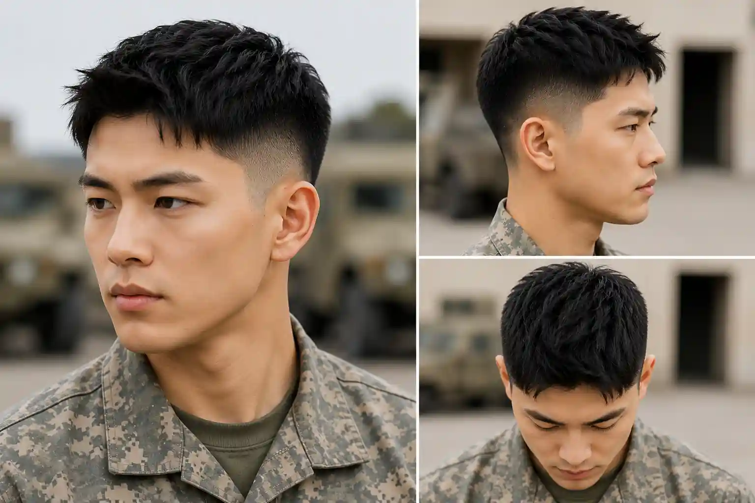 Korean military haircut for men Korean military haircut for men with short faded sides and textured natural movement on top, shown from three angles in military uniform