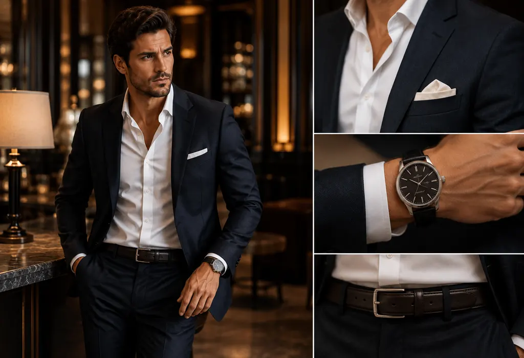 Men’s Cocktail Attire Accessories: Belt, Watch and Pocket Square Attractive man wearing a tailored suit with a matching leather belt, classic watch and pocket square