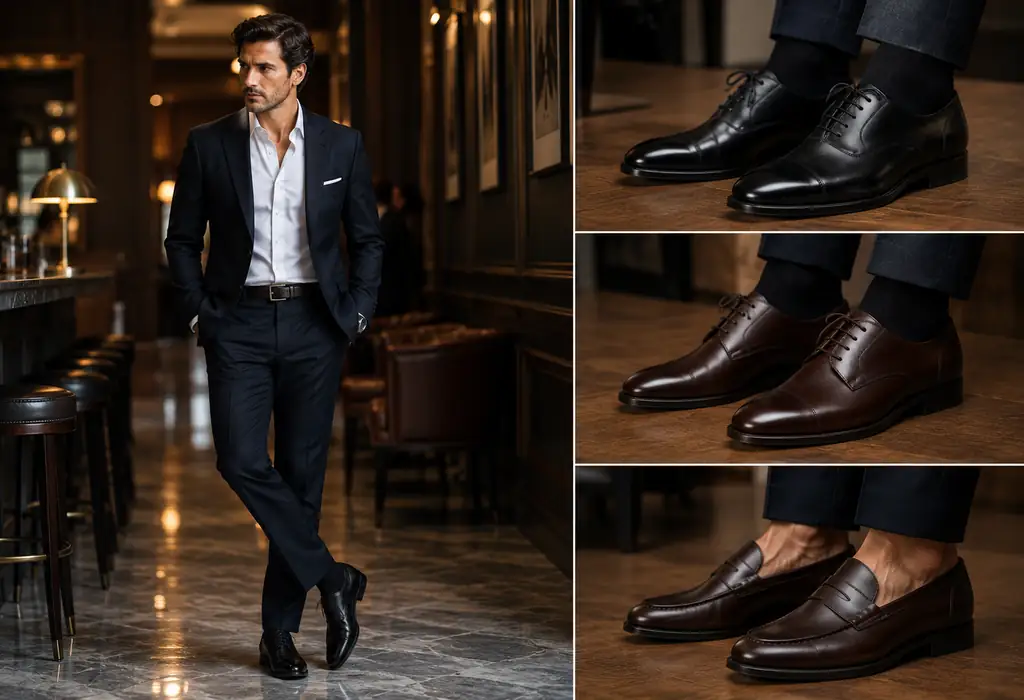 Oxford, Derby and Loafer Shoes for Men Man wearing a tailored suit with polished Oxford shoes for cocktail attire