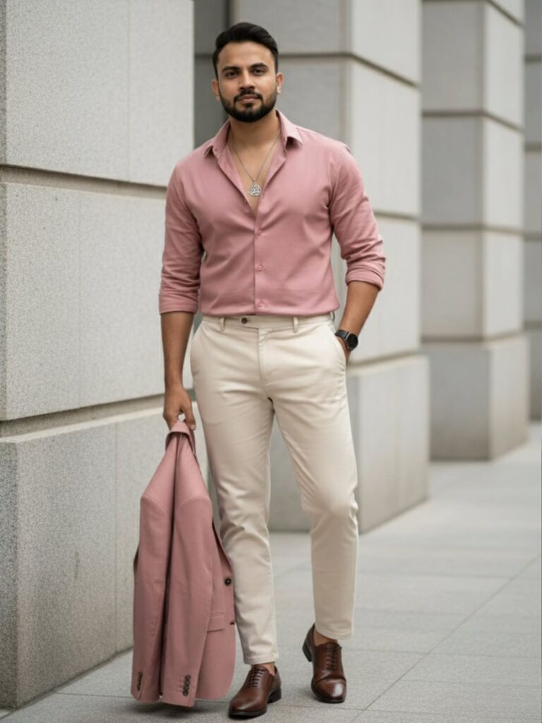 pink shirt with charcoal pants men