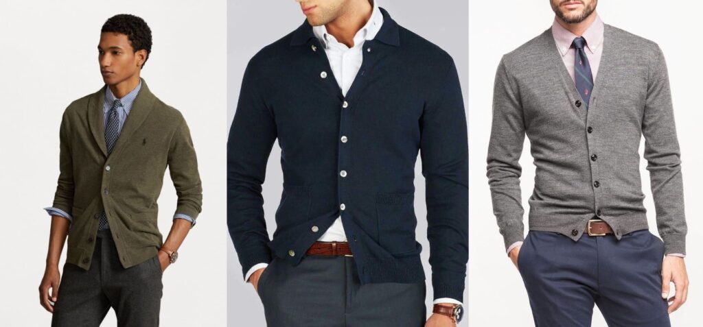 Smart casual look with men’s shawl collar sweater