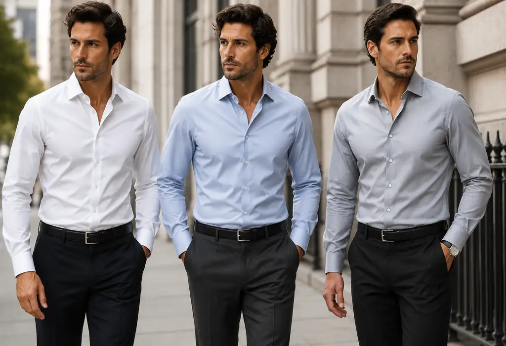 Men wearing white, light blue and grey dress shirts Men wearing white, light blue and grey dress shirts
