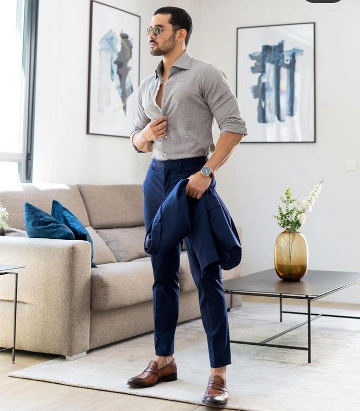 Grey Shirt Matching Pants for Men: 9 Stylish Combinations grey shirt with blue pants men