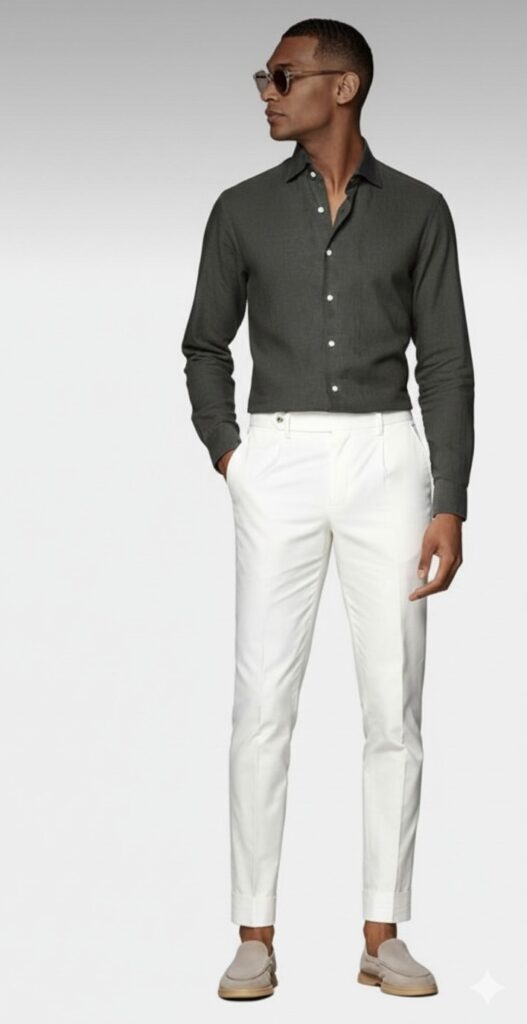 grey shirt with white pants men