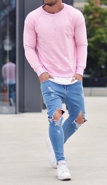 pink t shirt for men outfit