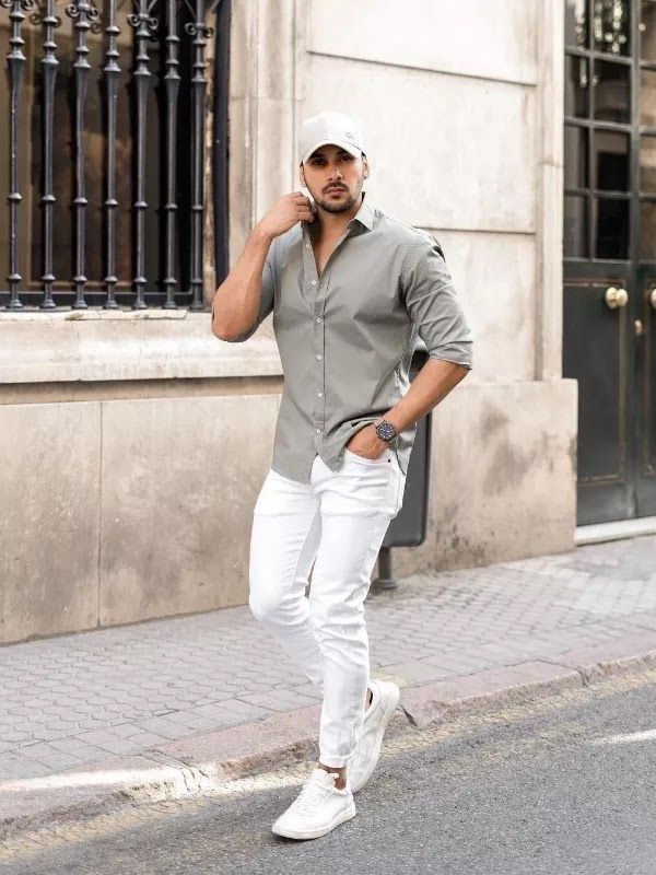 white pants grey shirt men