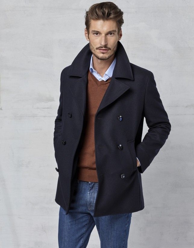 mens peacoat and jeans