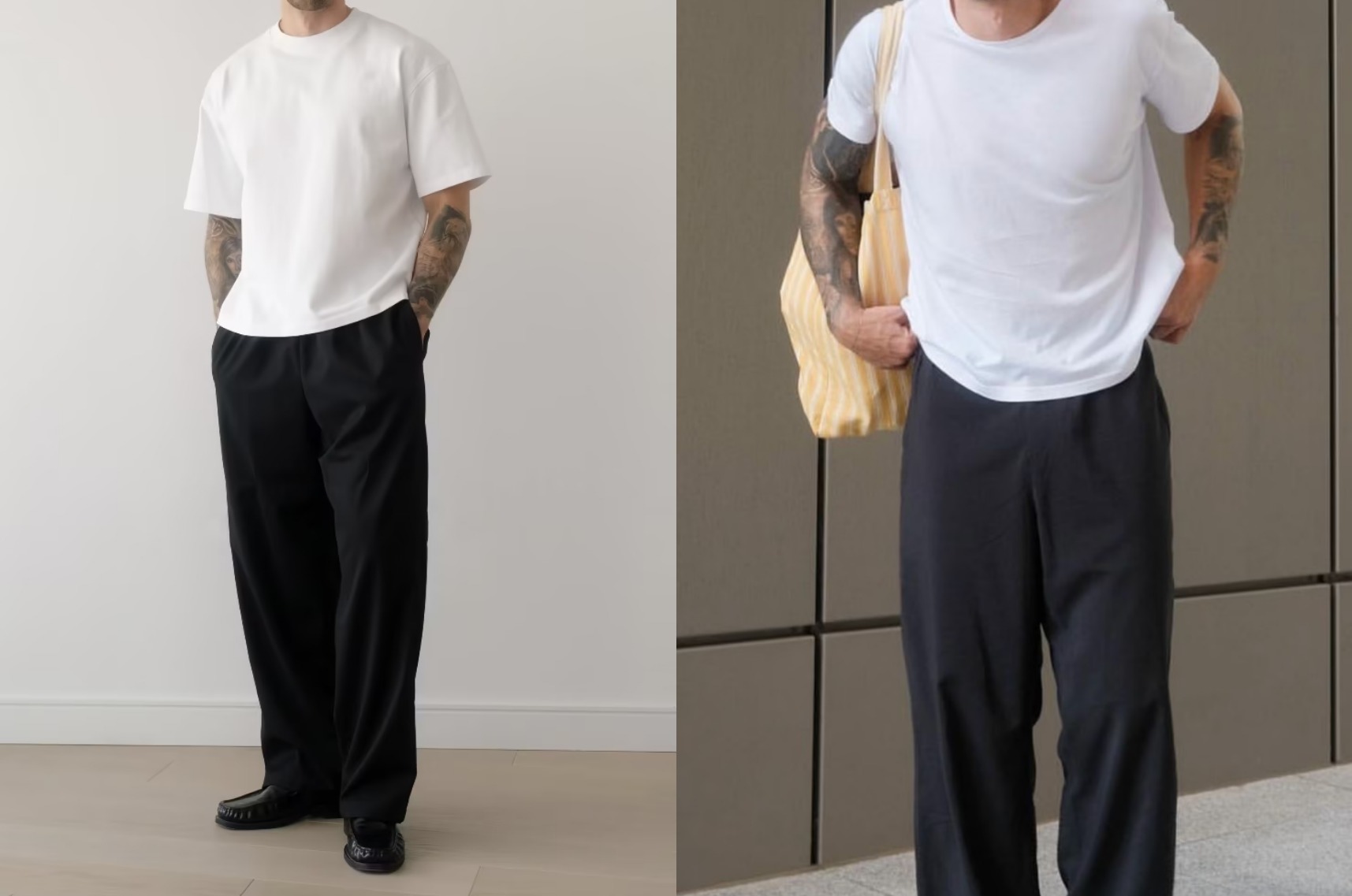 korean street style men white t shirt black wide pants outfit