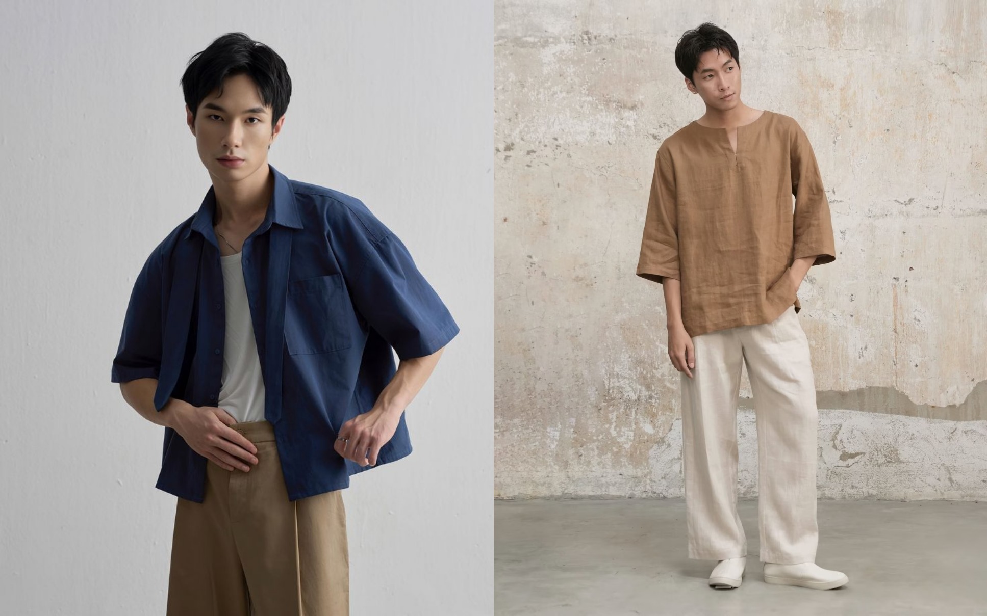 korean street style men white t shirt black wide pants outfit