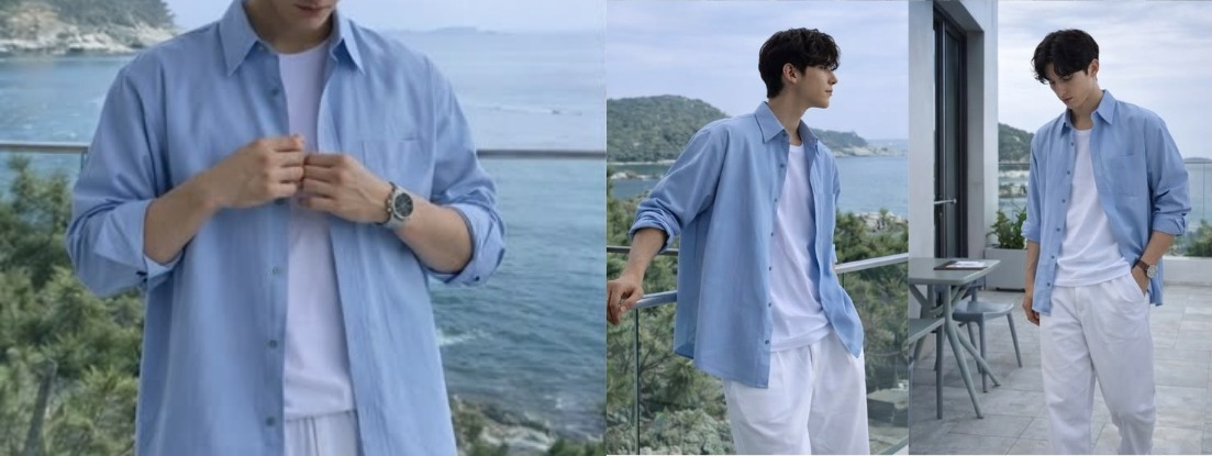 korean summer outfit men denim shirt straight pants seoul street style