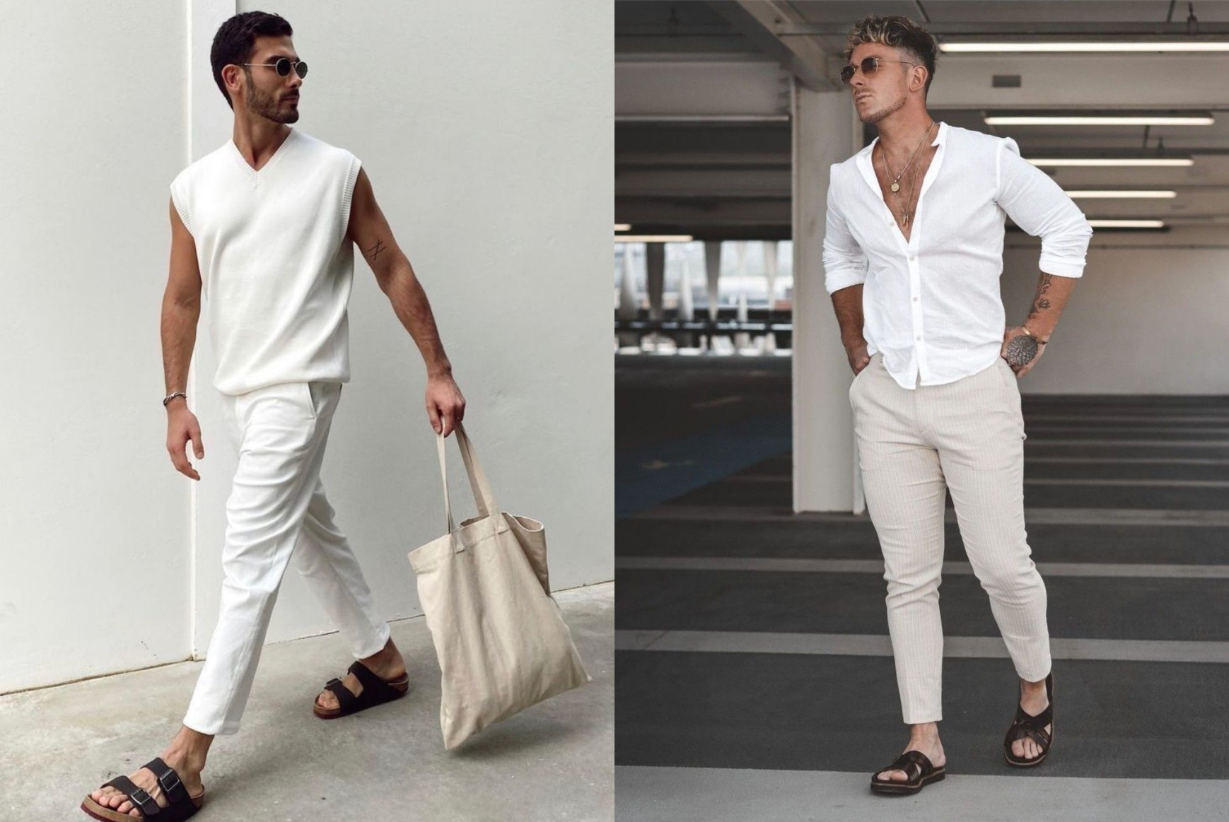 brown leather sandals with linen pants men summer outfit what sandals to wear with linen pants men