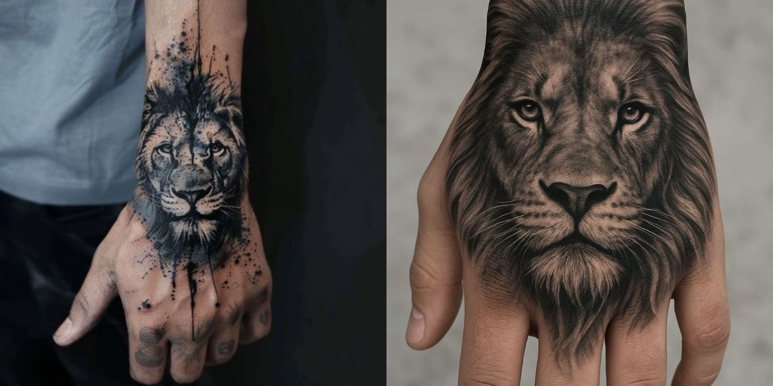 Small lion tattoo on hand male meaning