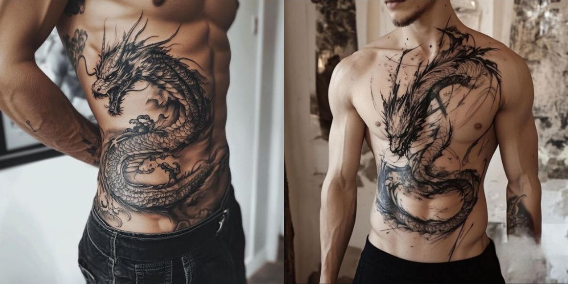 american traditional dragon stomach tattoo