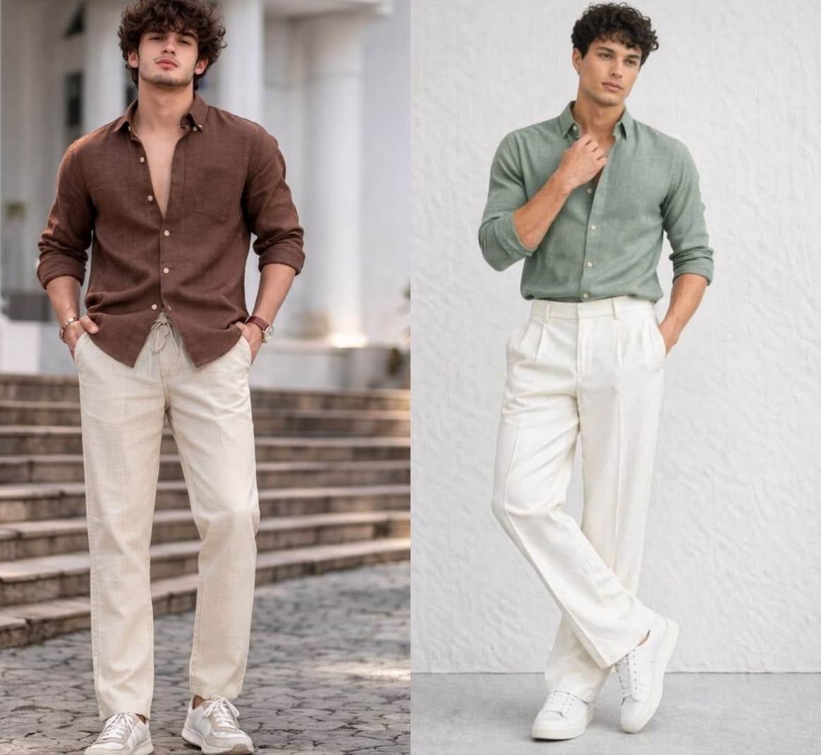 brown linen shirt with white pants men