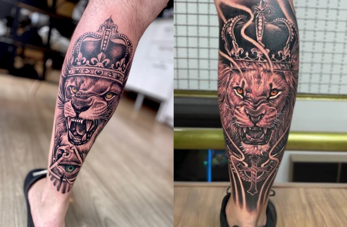 lion with a crown tattoo on the calf for men