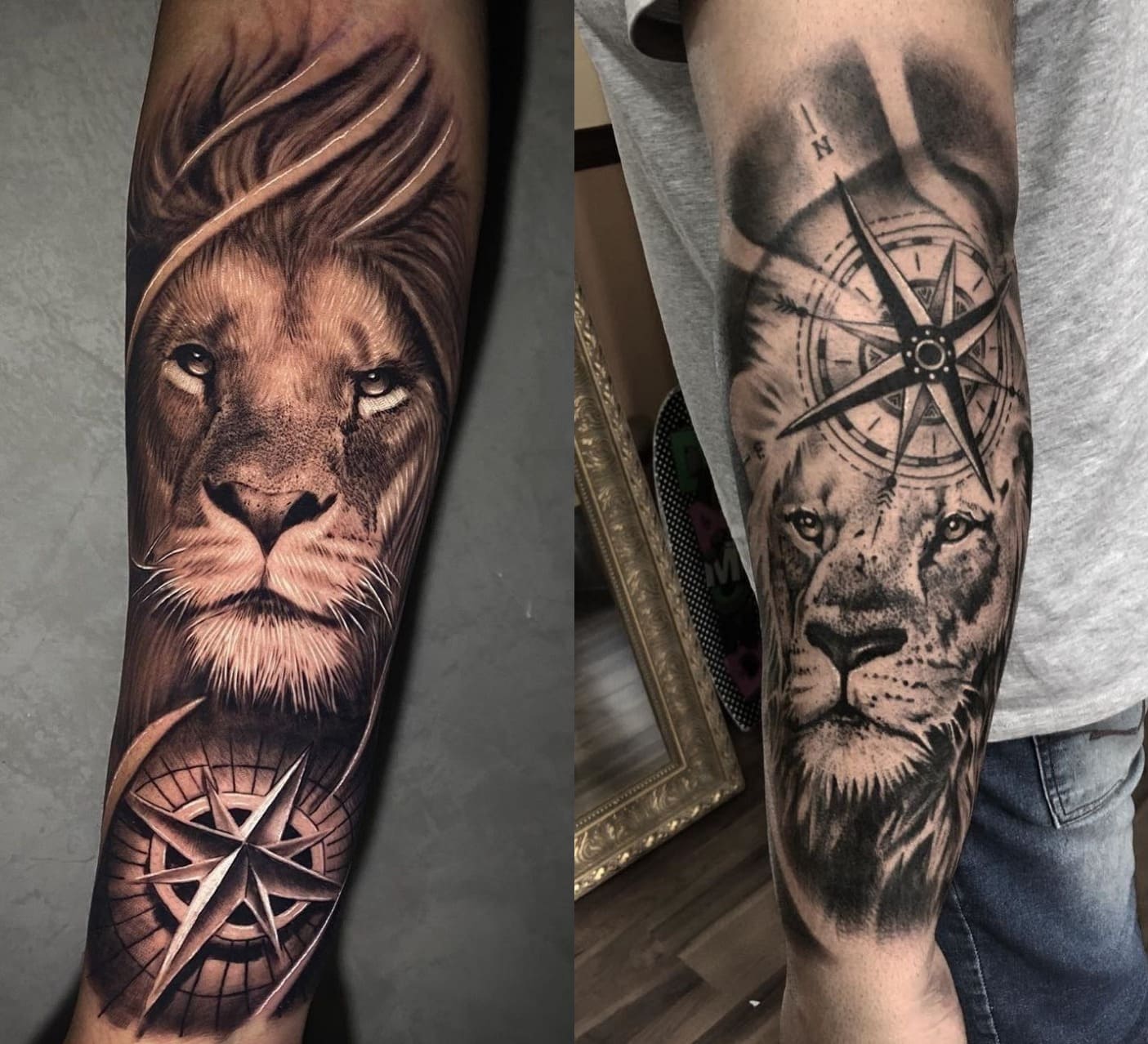 lion with compass tattoo