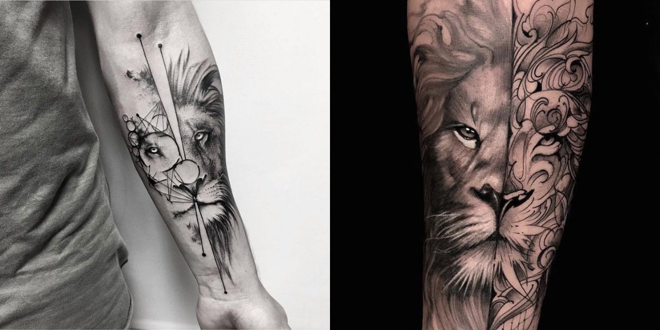 minimalist geometric lion tattoo