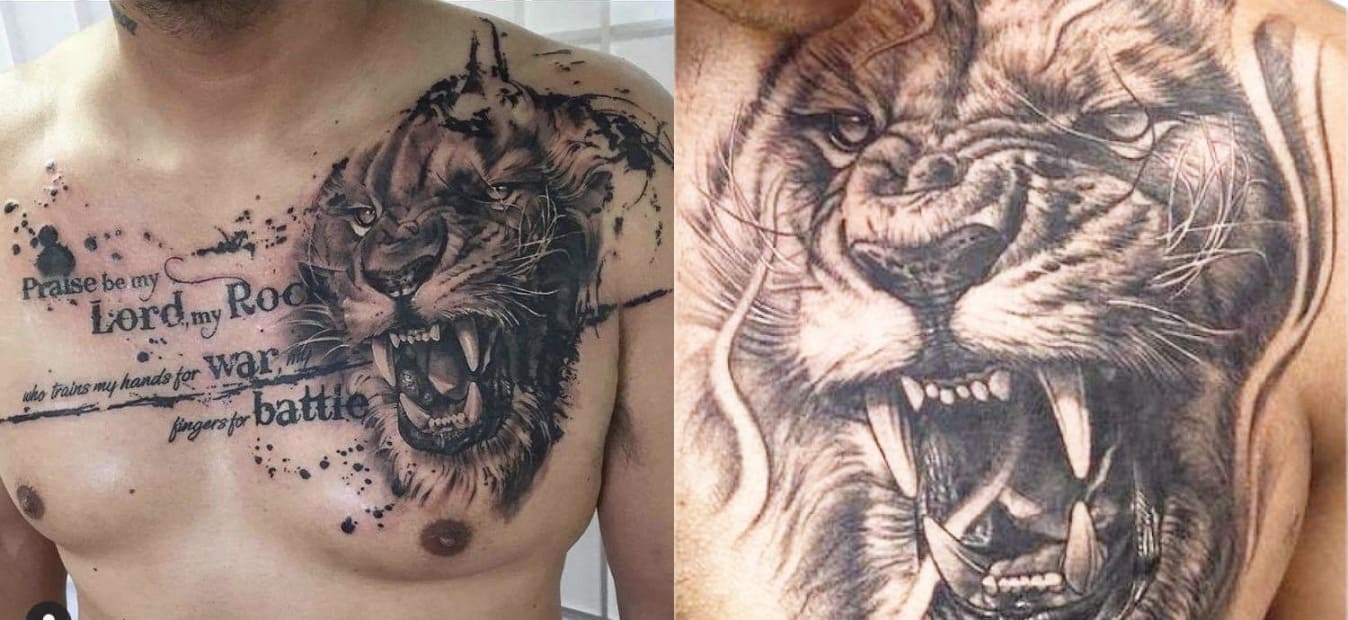realistic lion chest tattoos for men