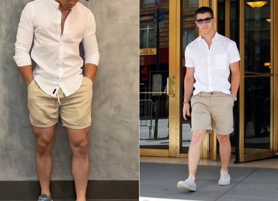 white shirt with khaki shorts