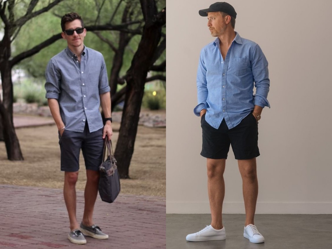 Black Shorts with Light Blue Chambray Shirt Outfits For Men