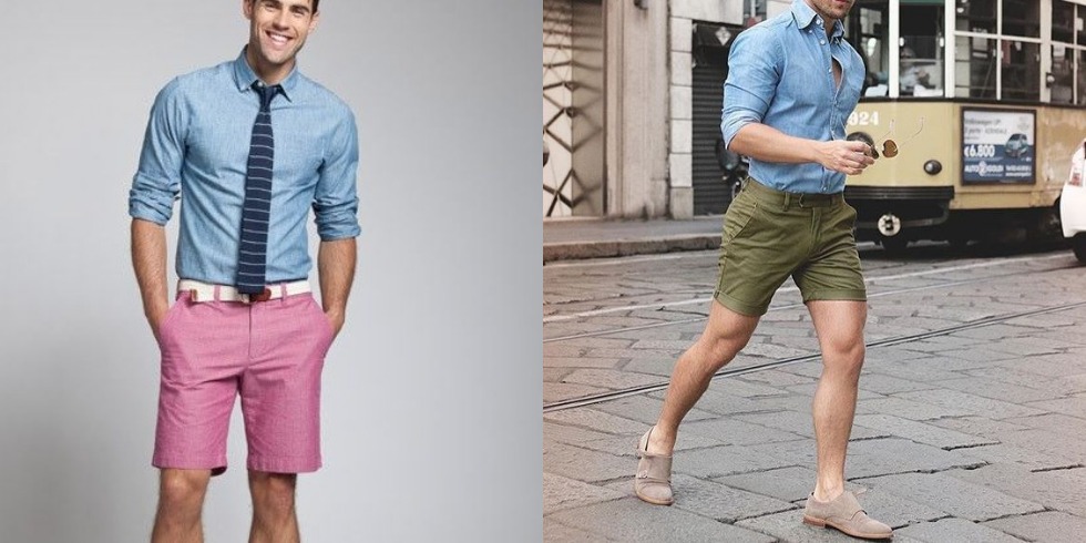 Chino Shorts with Chambray Shirt Outfits For Men