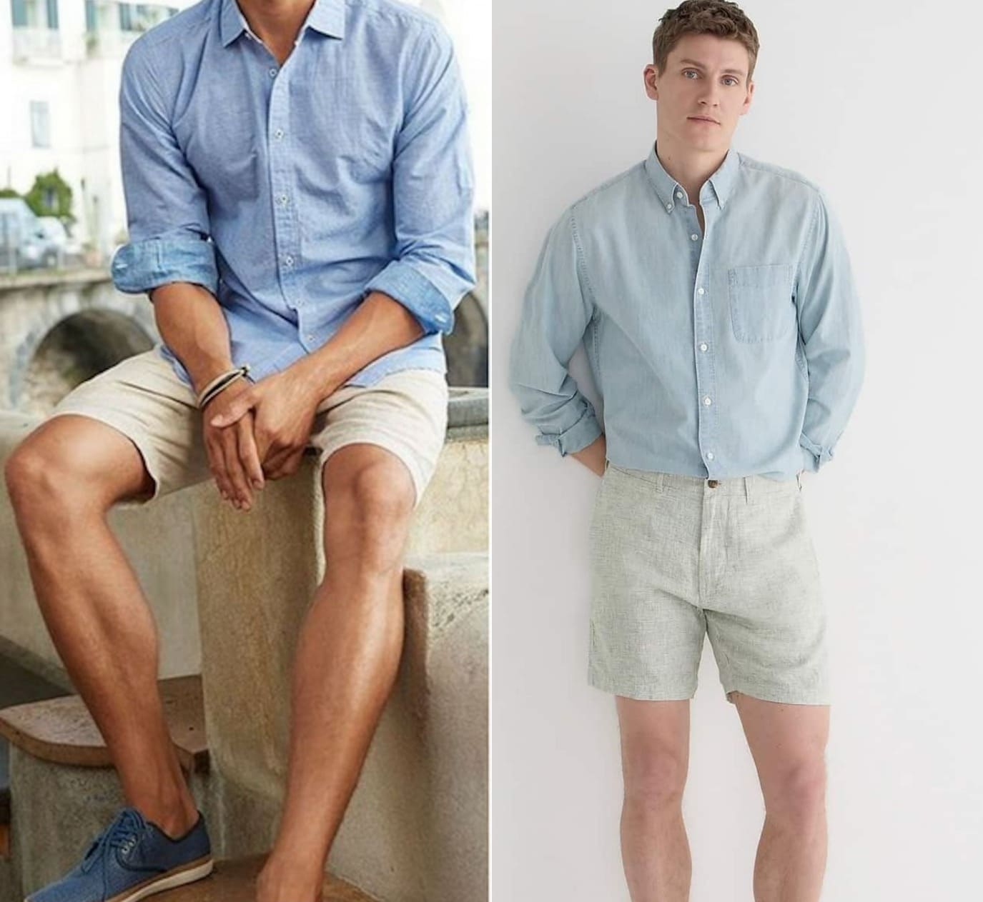 Khaki Cargo Shorts with Chambray Shirt Outfits For Men