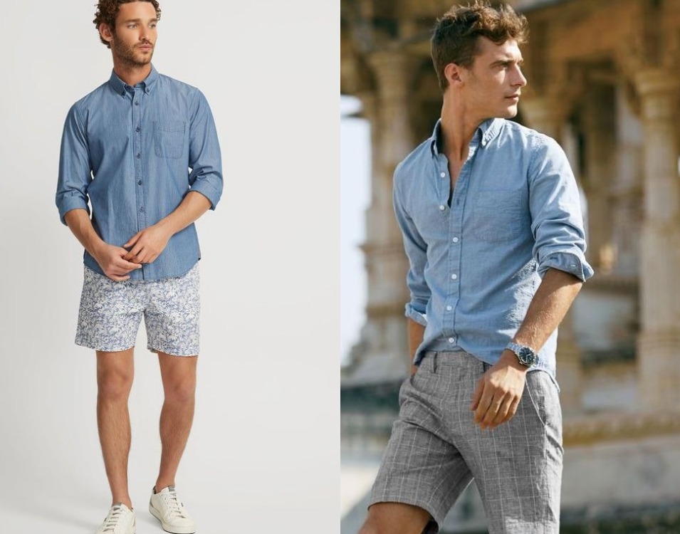 Linen Shorts with Blue Chambray Shirt Outfits For Men