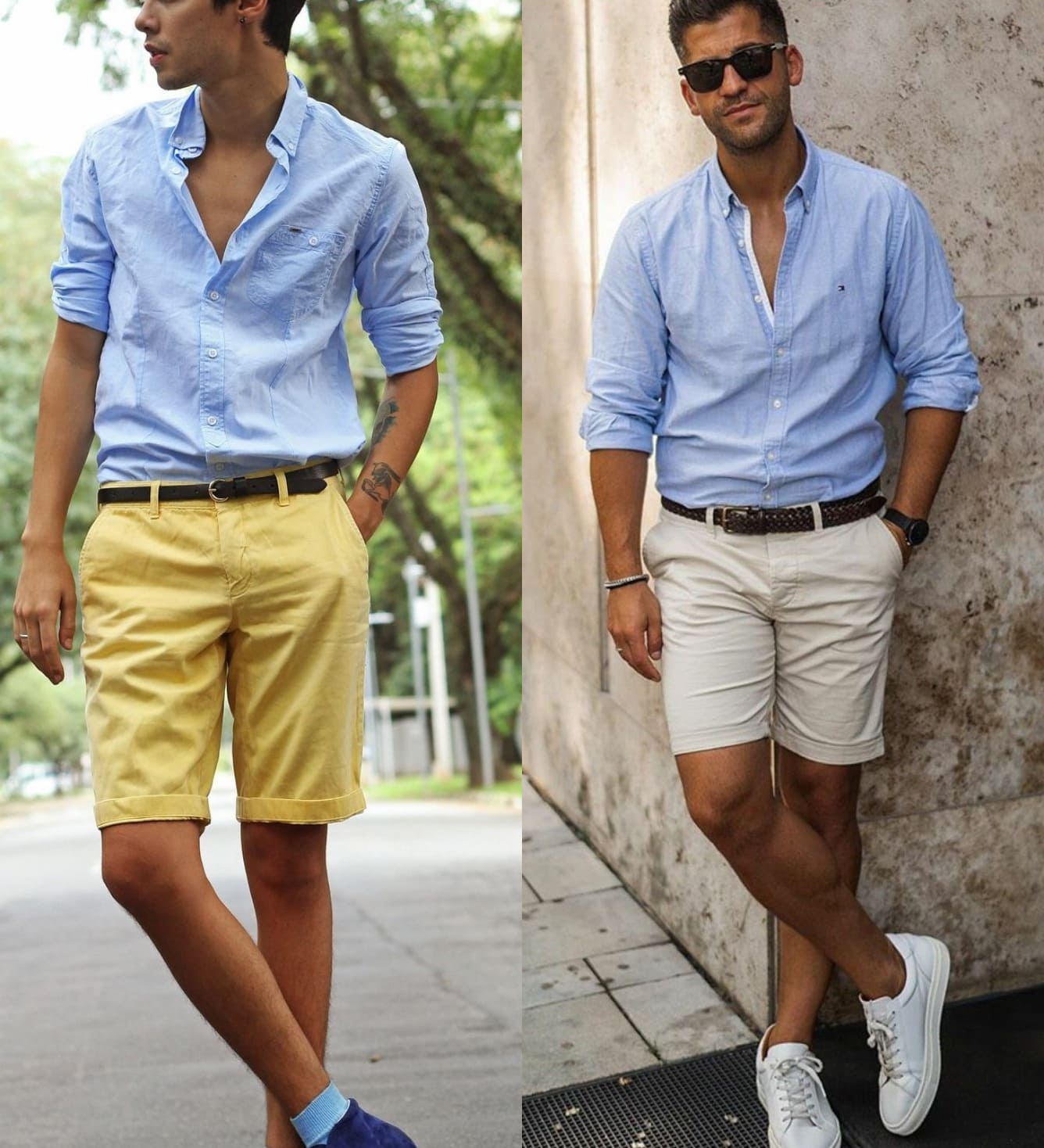 Tan Shorts with Blue Chambray Shirt Outfits For Men