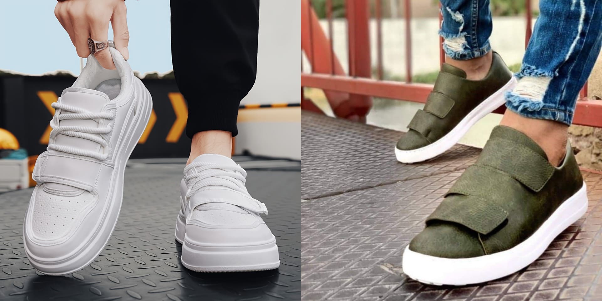White Mens Velcro Shoes styled with casual everyday outfits White Mens Velcro Shoes styled with casual everyday outfits