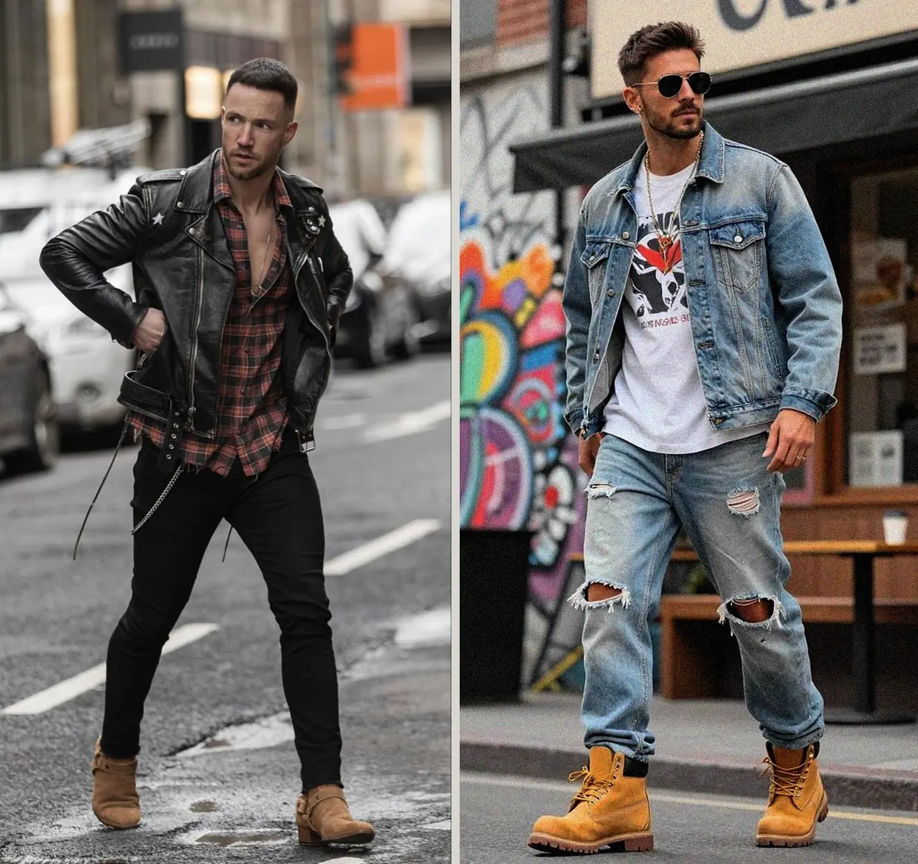 dark blue jeans and brown boots outfit men
