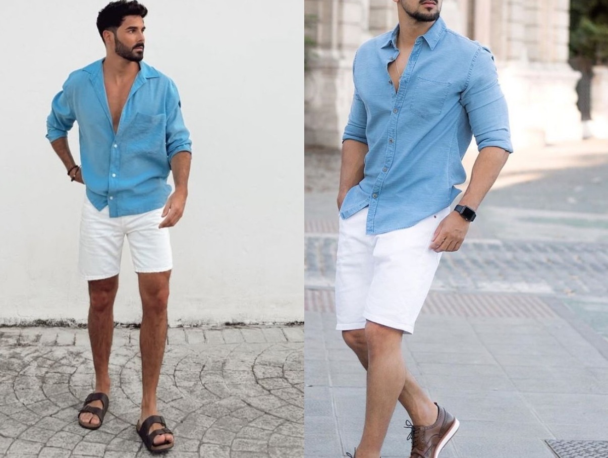 mens chambray shirt with white shorts - Deepufashion