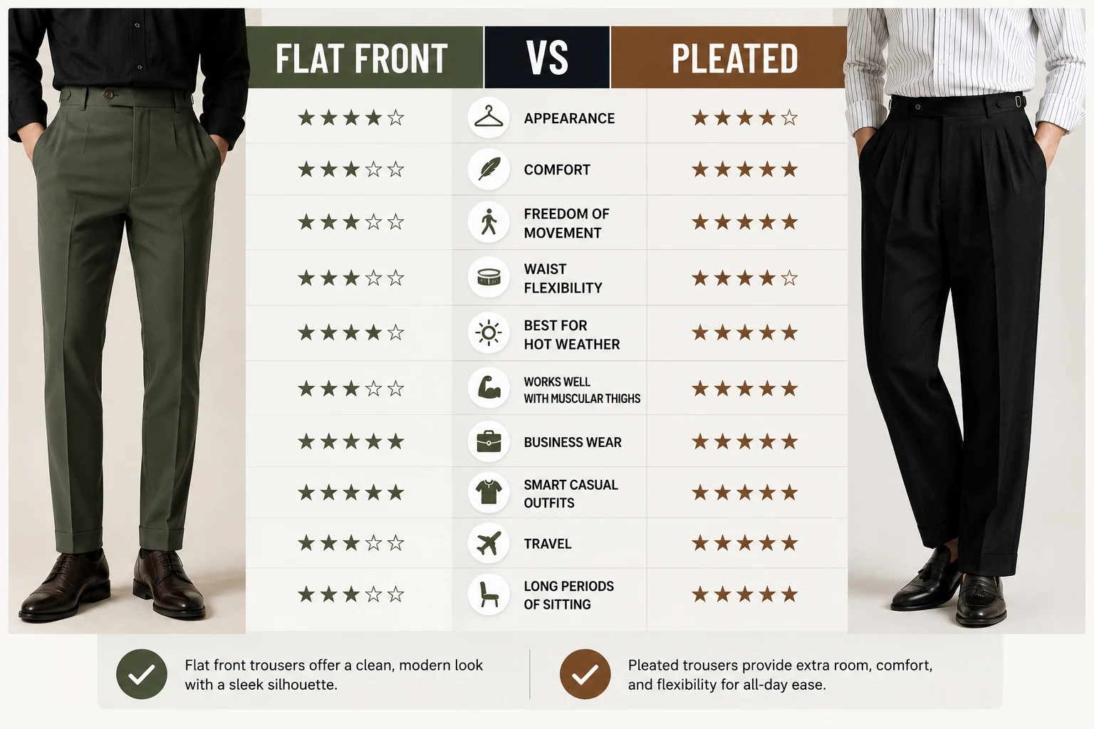 Flat Front vs Pleated Trousers Side-by-Side Comparison Flat Front vs Pleated Trousers Side-by-Side Comparison