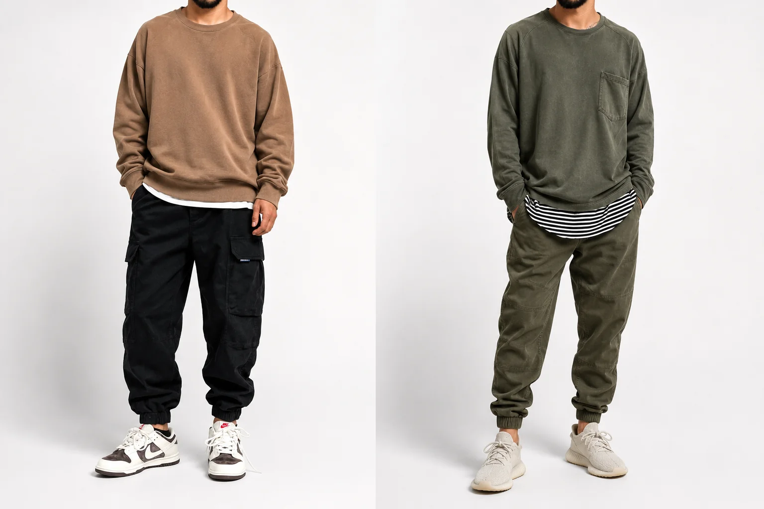 Black joggers styled with a fitted white T-shirt and minimalist sneakers
