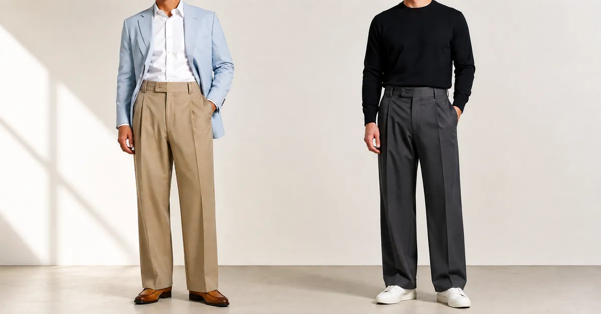 Wide leg trousers for men styled with fitted white shirt and loafers