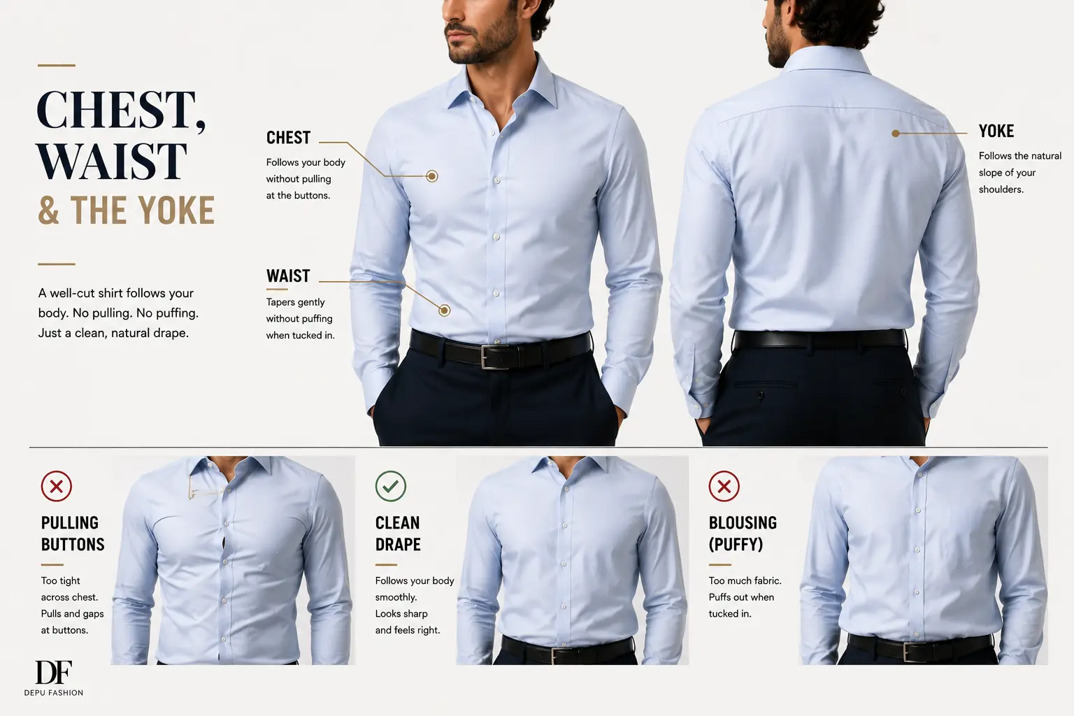 dress shirt chest waist yoke fit men Dress shirt fit at chest, waist and yoke — how a well-fitted shirt should look on men