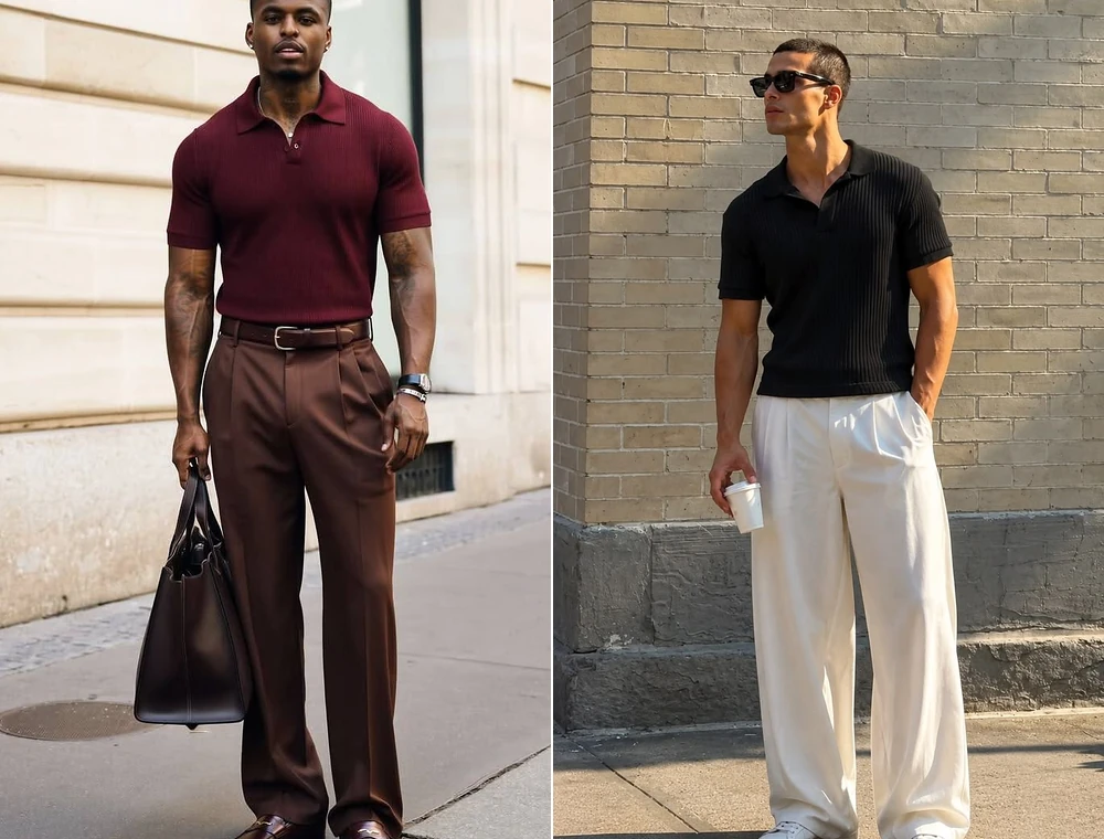 Men knit polo shirt with wide leg trousers outfit Men knit polo shirt with wide leg trousers outfit