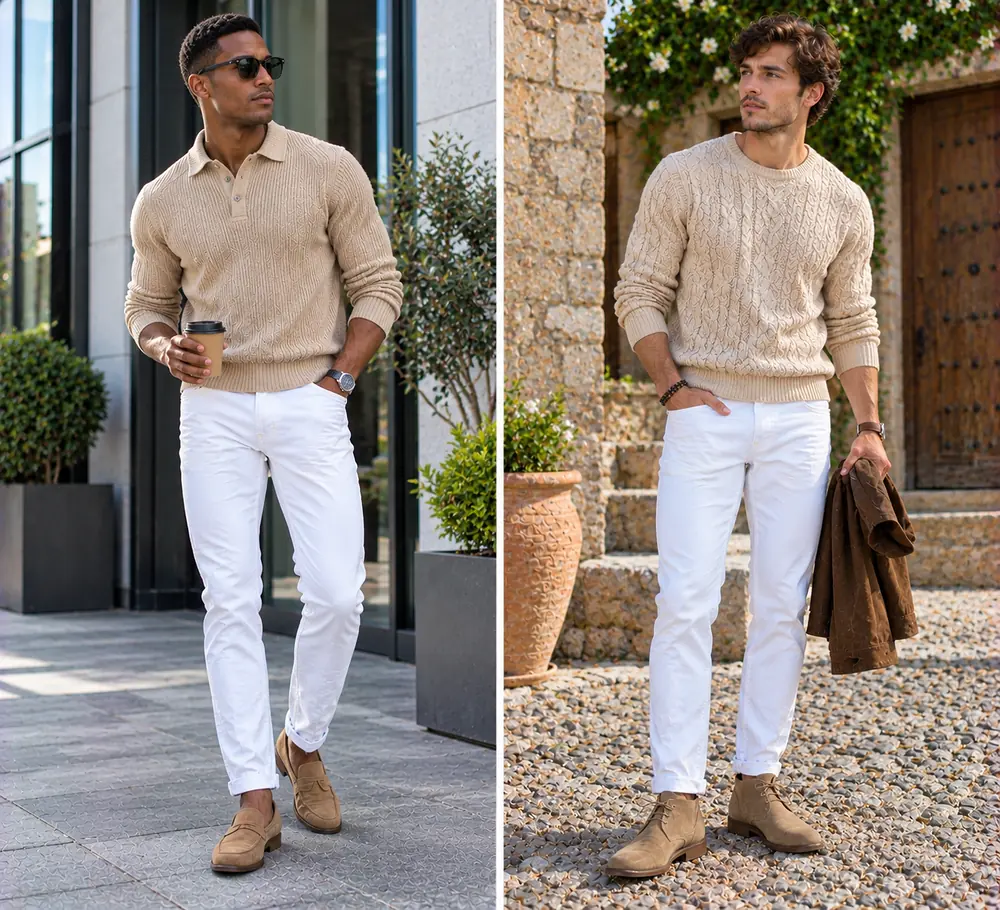 White Jeans with Beige Knit Sweater Outfits For Mens White Jeans with Beige Knit Sweater Outfits