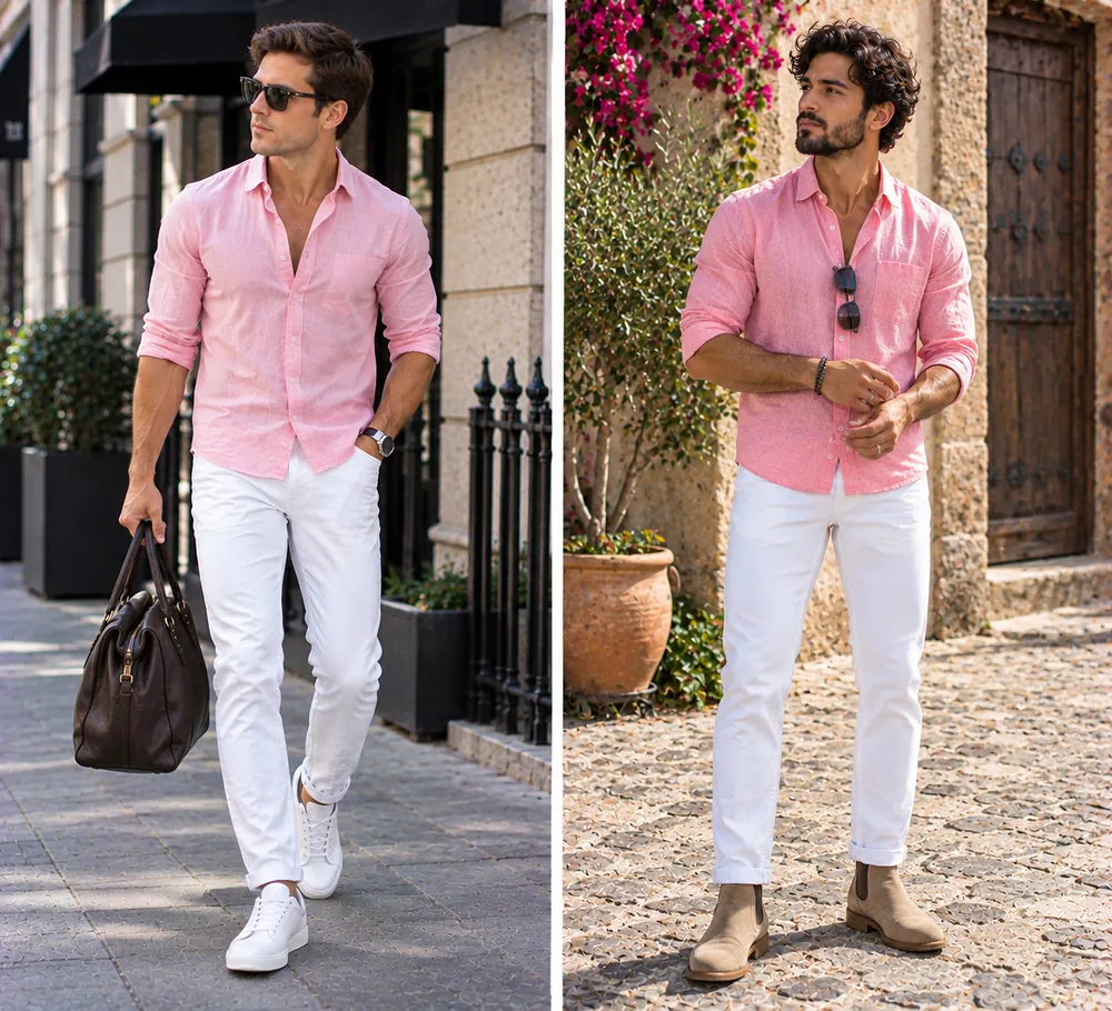 White Jeans with Pink Shirt Outfits For Men White Jeans with Pink Shirt Outfits For Men