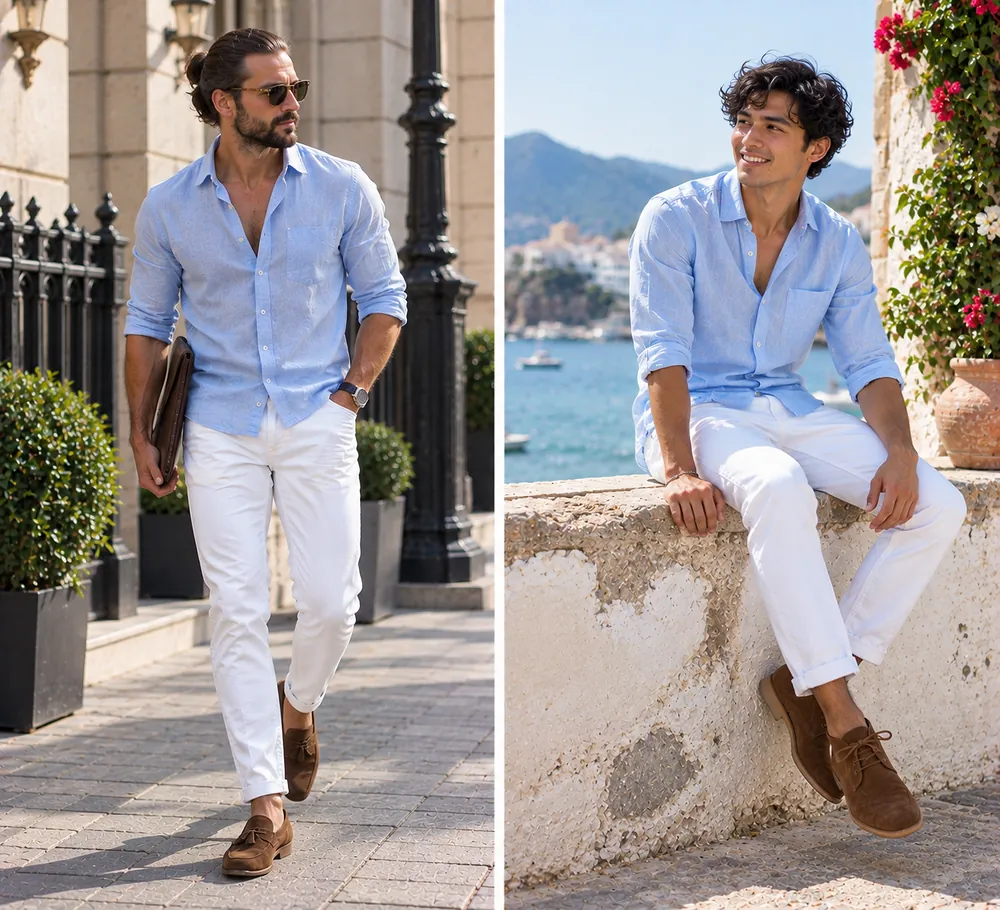White Pants with Light Blue Shirt Casual For Men White Pants with Light Blue Shirt Casual For Men