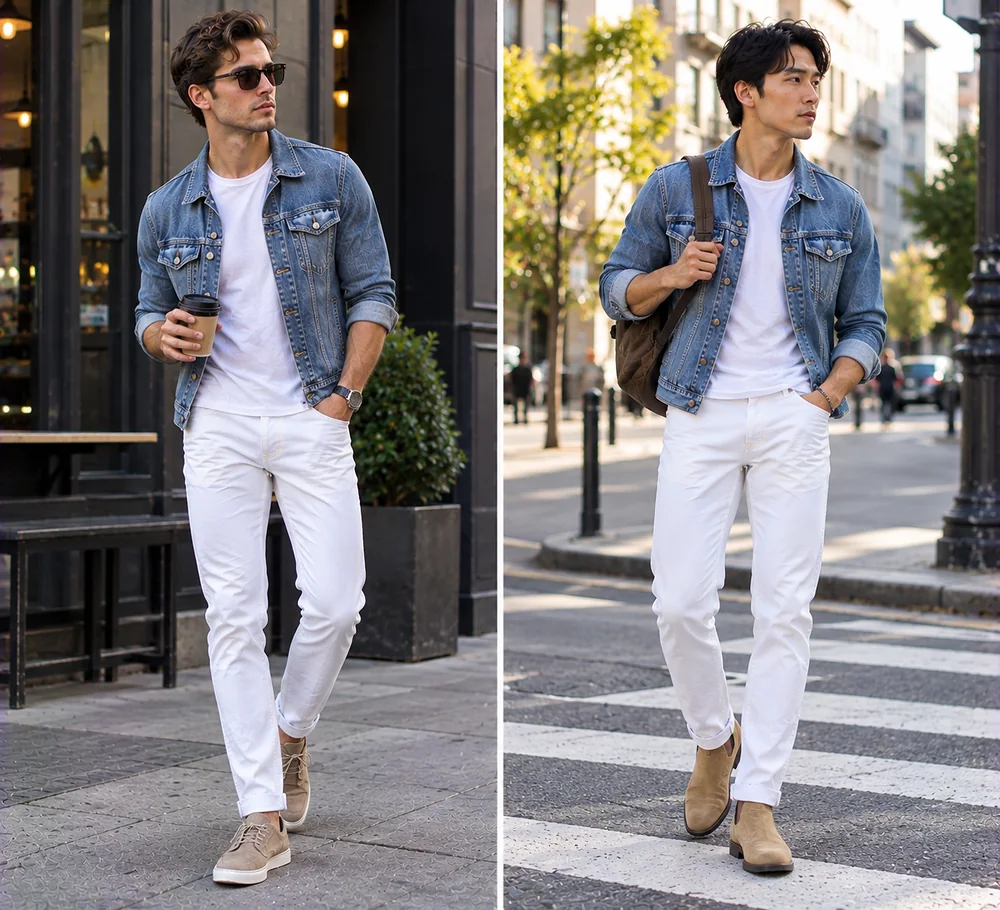 denim jacket with white pants outfit for men denim jacket white pants outfit for men