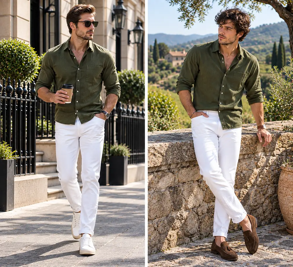 men's white jeans with olive green shirt men's white jeans with olive green shirt