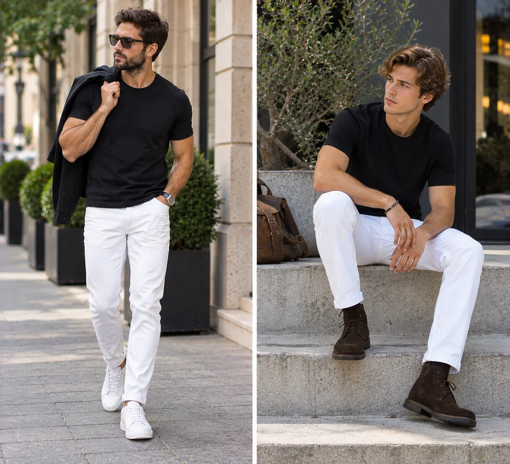 white jeans with black boots for men white jeans with black boots for men